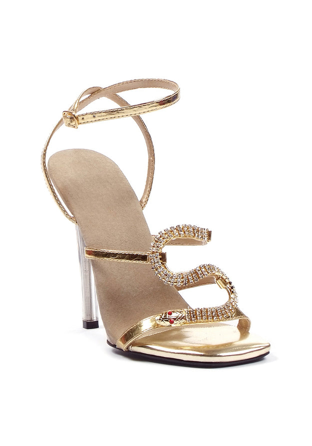 5 Heel Strap Sandal with Snake Décor.