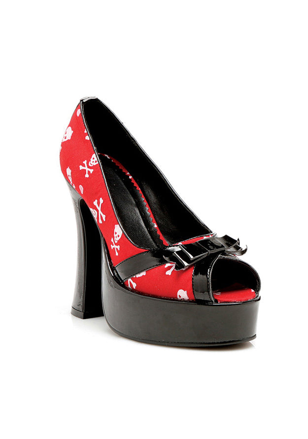 5 Chunky Heel Satin Skull Peep Toe.