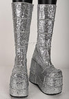 Silver Glitter Platform Patchwork Frankenstein Unisex Boots
