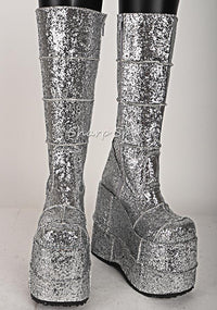 Silver Glitter Platform Patchwork Frankenstein Unisex Boots