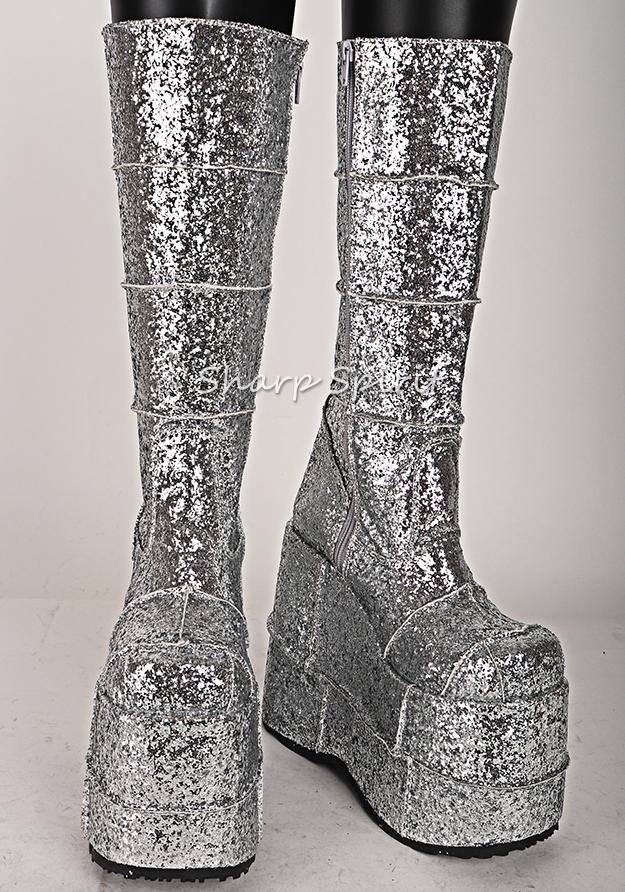 Silver Glitter Platform Patchwork Frankenstein Unisex Boots