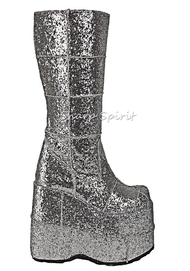 Silver Glitter Platform Patchwork Frankenstein Unisex Boots