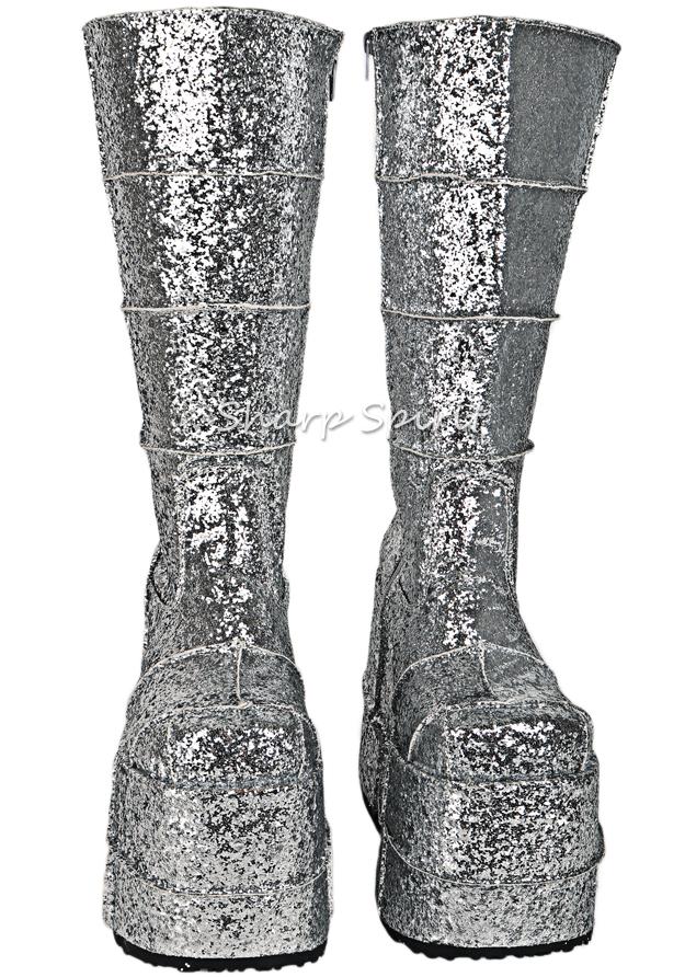Silver Glitter Platform Patchwork Frankenstein Unisex Boots